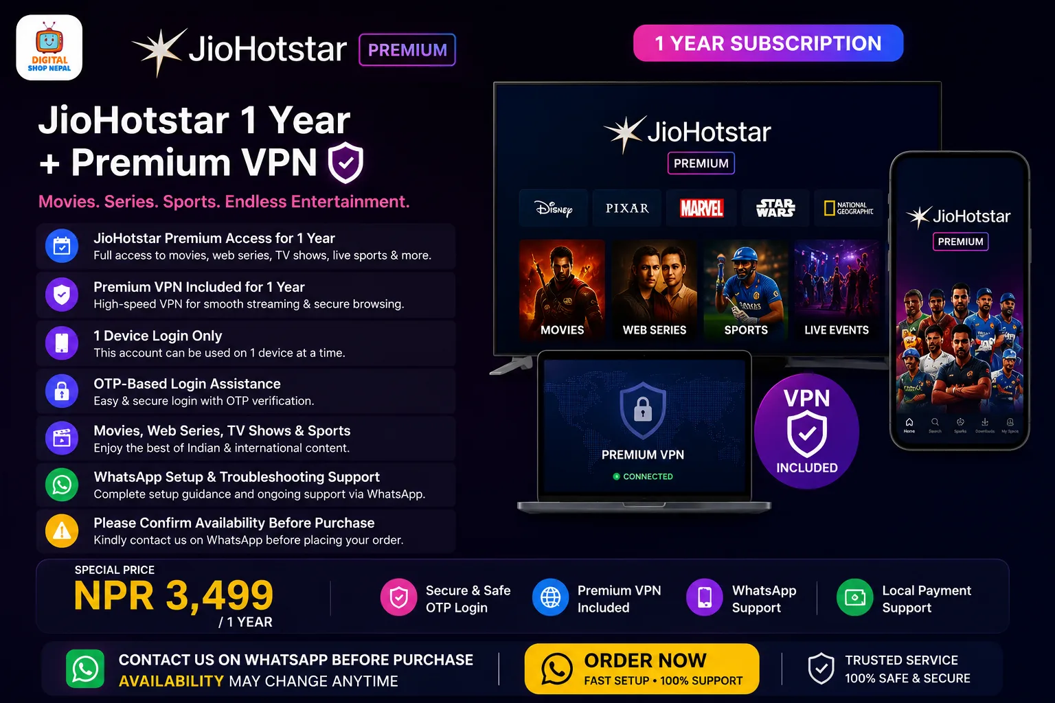 JioHotstar 1 Year + Premium VPN - 1 Device Login
