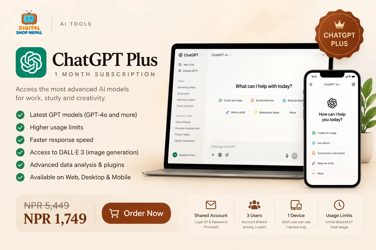 ChatGPT Plus 1 Month Shared Account (3 Users)